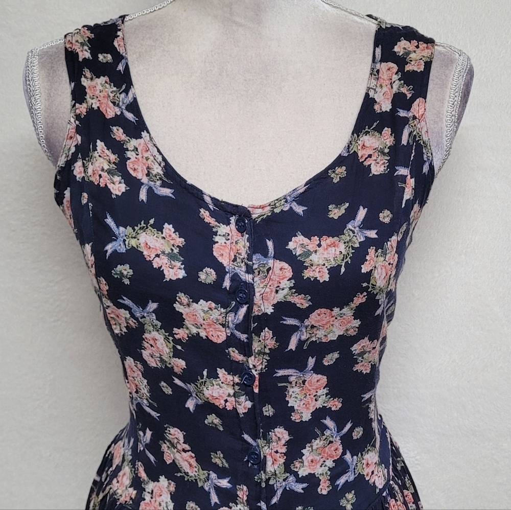 1970s Vintage Sita Blue Pink Floral Scoop Neck Tie-Waist Fit & Flare Midi Dress - Picture 3 of 12